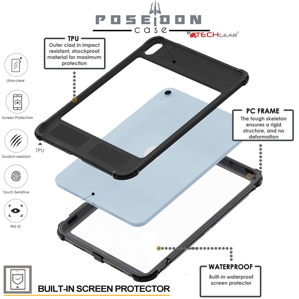 TECHGEAR iPad A16 Waterproof Case 11th Generation (11" / 2025) & iPad 10th Gen 10.9 inch – Poseidon Rugged Shockproof Cover with Screen Protector, Stand, Shoulder & Hand Strap