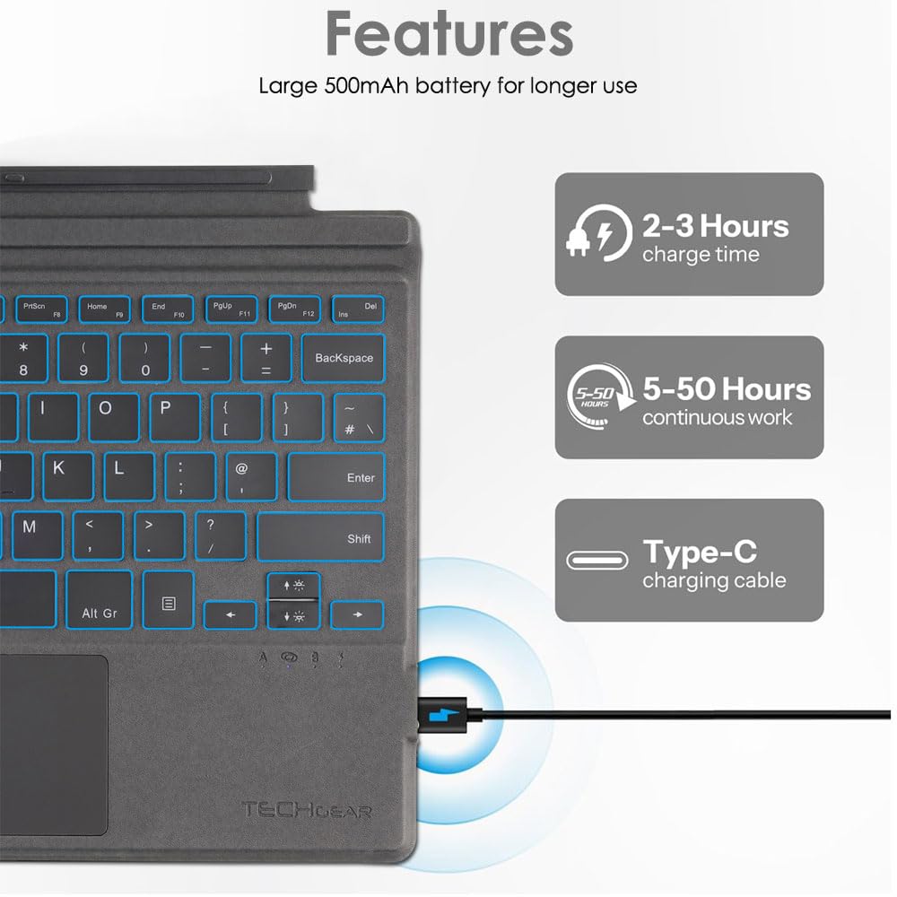 Type Cover For Microsoft Surface Pro 7 /Pro 7/Pro 6/Pro 5/Pro 4/Pro 3, Bluetooth Keyboard With Multi-Touch Trackpad, Ultra Slim-Gray With Backlit - View #2