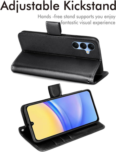 [Leather Wallet Case] Protective Cover with Cash & Card Holder, Stand and Wrist Strap For Samsung Galaxy A15 5g