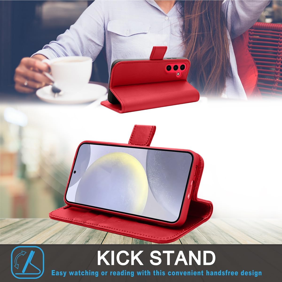 [Leather Wallet Case] Genuine Leather [RFID Blocking] Magnetic Flip Case with Card & Slots and Stand For Samsung Galaxy S24 Plus