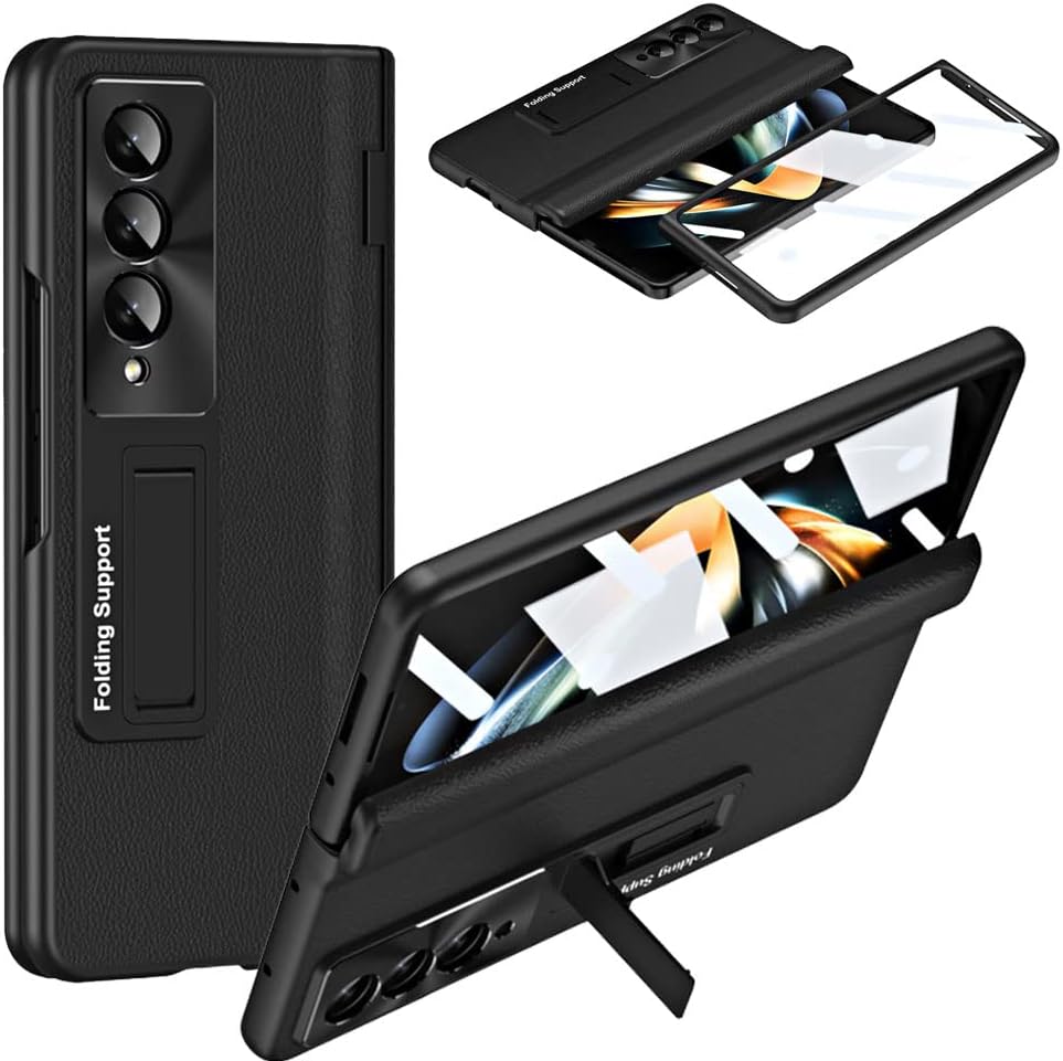 Samsung Galaxy Z Fold 5 Case Screen Protector Phone Case with Hinge Protection, Leather Fit Cover with Built-in Glass Screen Protector & Kickstand
