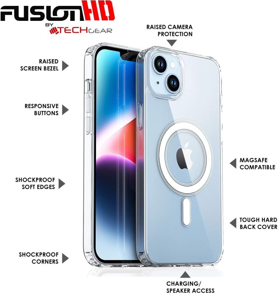 iPhone 15 Magnetic Case [Fusion HD] Shockproof, Anti-Scratch, Slim & Light, Hybrid Drop Protection, Gel Bumper & Clear Hard Back MagSafe Case Cover