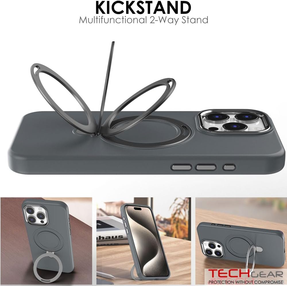 Premium Liquid Silicone Shockproof Anti-Scratch Magnetic Kickstand Case, Soft Microfibre Lining, Compatible with MagSafe Case for iPhone 15 Pro 6.1"