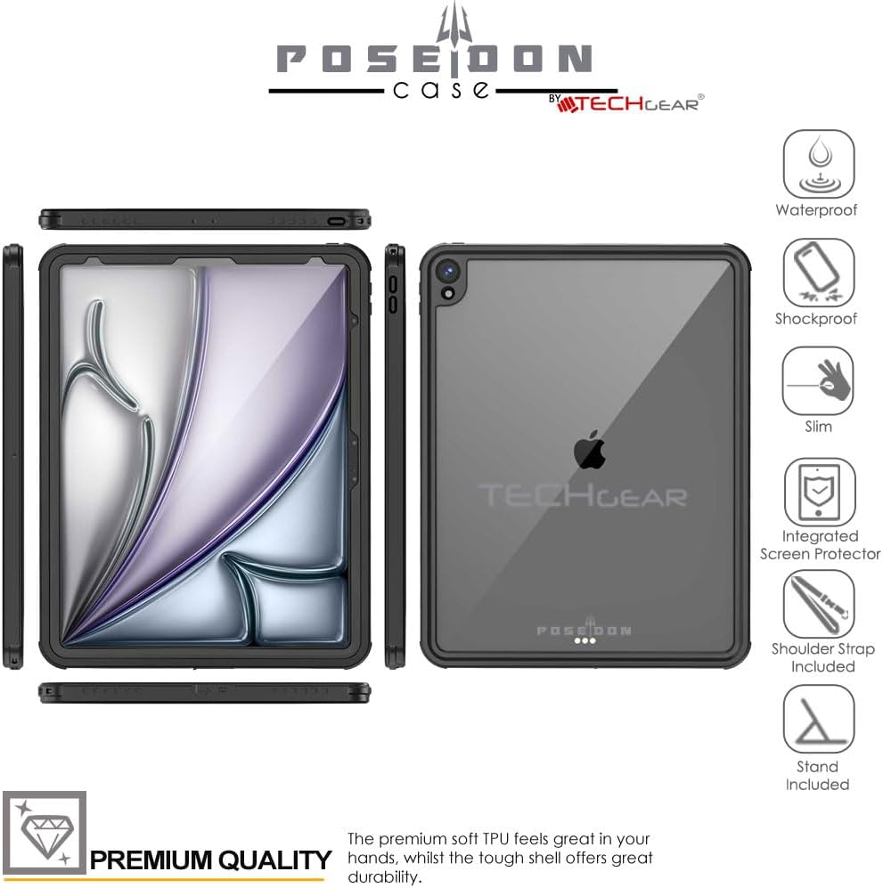 TECHGEAR Poseidon Waterproof Case for iPad Air 13-inch (2026 M4 / 2025 M3 / 2024 M2) IP68 Rugged Shockproof Tablet Case with Screen Protector, Stand, Shoulder Strap & Hand Strap – Heavy Duty Outdoor & Business Protection