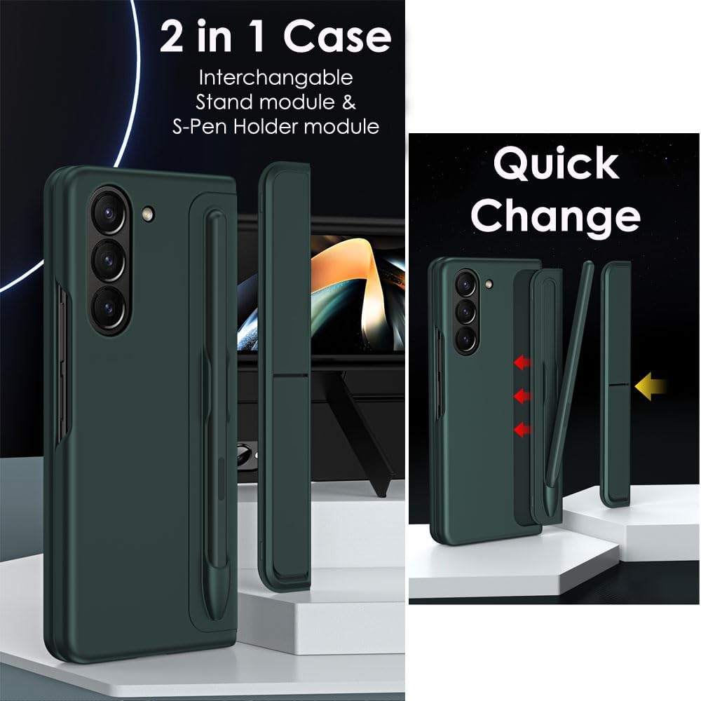 Samsung Galaxy Z Fold 5 Phone Case, [Interchangeable S-Pen Holder / Kickstand] [Front Screen Frame] Ultra-thin Hard PC Bumper Full Protective Cover