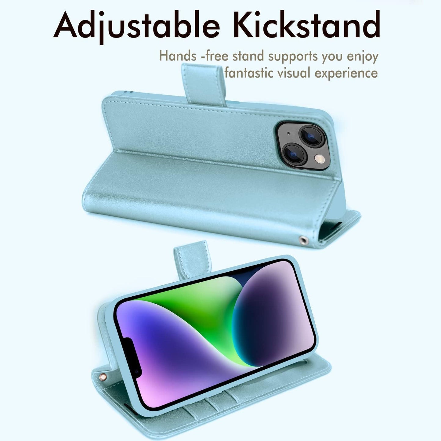 [Wallet Case] Protective Cover with Cash & Card Holder, Stand and Wrist Strap For Apple iPhone 15 Plus