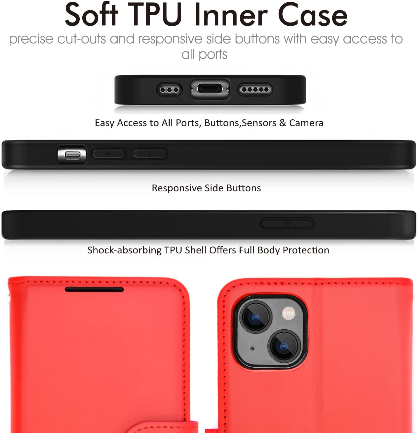 [Wallet Case] Protective Cover with Cash & Card Holder, Stand and Wrist Strap For Apple iPhone 15