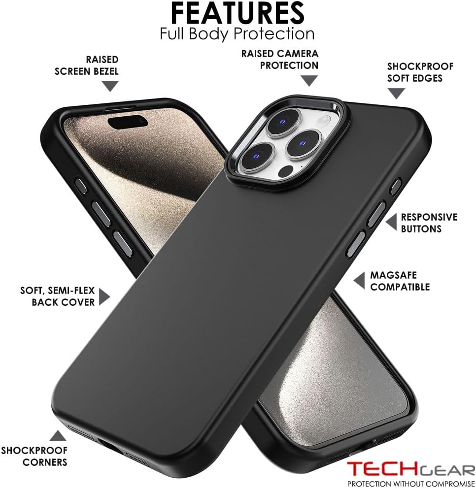 TECHGEAR iPhone 15 Pro Magnetic Silicone Case, Premium Liquid Silicone Anti-Scratch Compatible with MagSafe Soft Gel Rubber, Microfibre Lining Shockproof Phone Case For iPhone 15 Pro 6.1" - Black