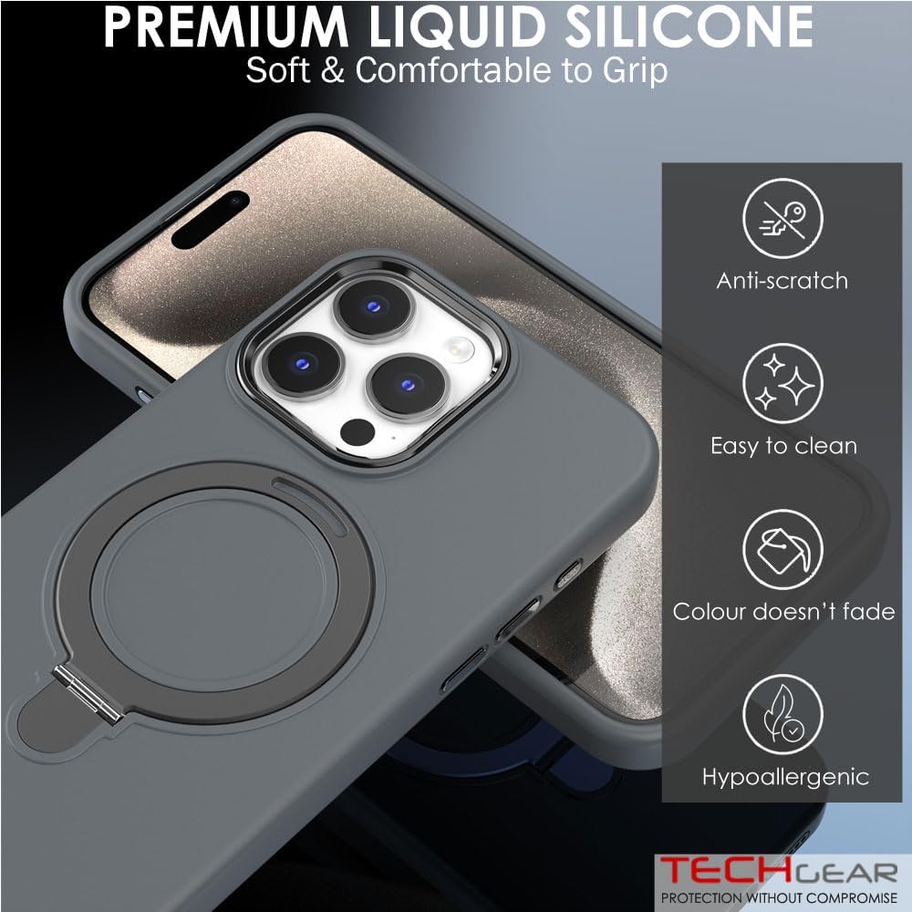 Premium Liquid Silicone Shockproof Anti-Scratch Magnetic Kickstand Case, Soft Microfibre Lining, Compatible with MagSafe Case for iPhone 15 Pro 6.1"