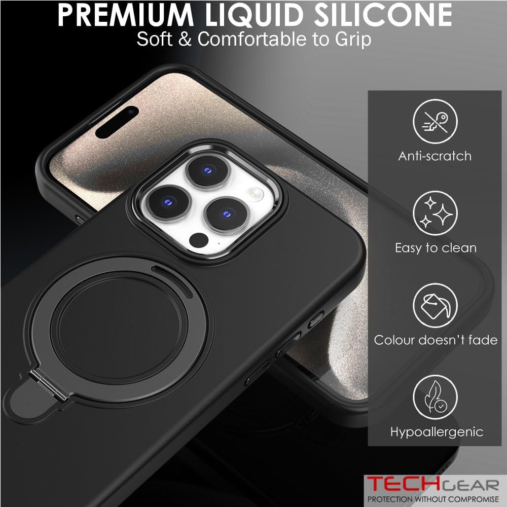 Premium Liquid Silicone Shockproof Anti-Scratch Magnetic Kickstand Case, Soft Microfibre Lining, Compatible with MagSafe Case for iPhone 15 Pro 6.1"