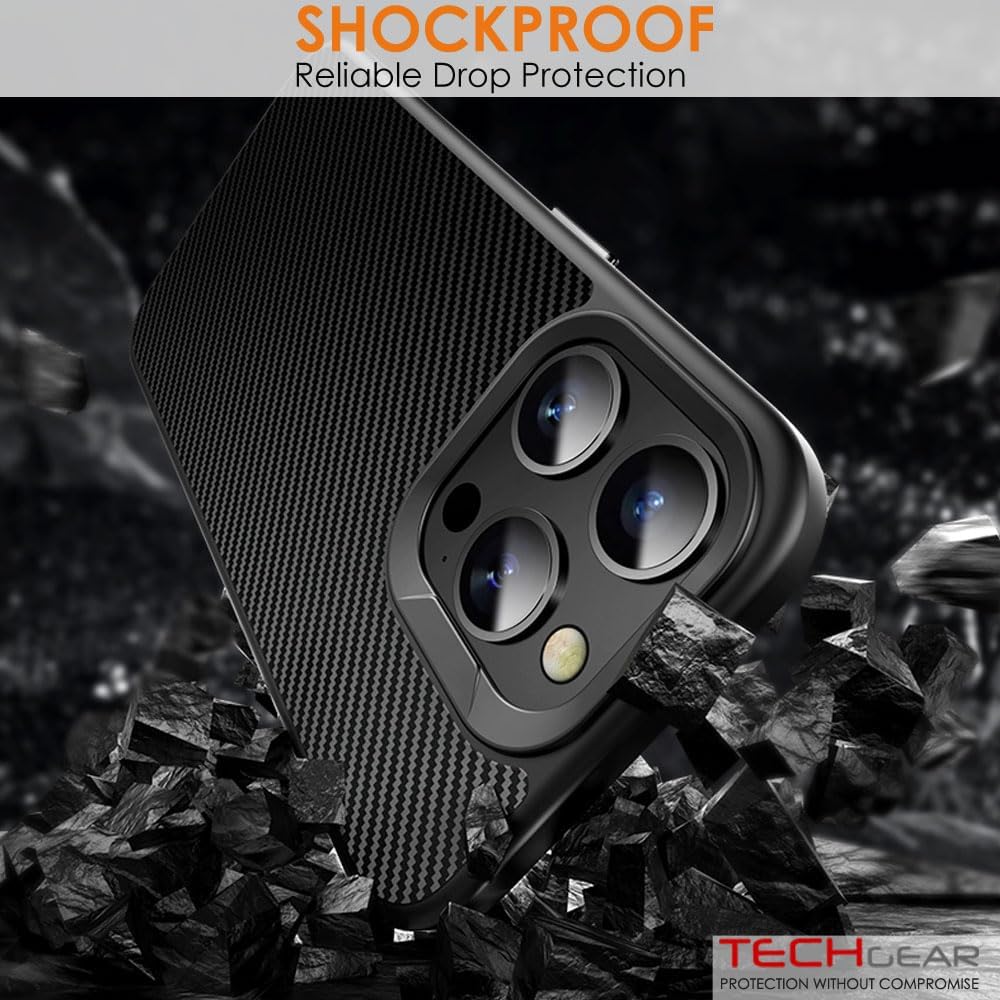[Carbon Fibre Detail] Shockproof, Anti-Scratch, Slim Hybrid Gel Bumper Case with Hard Back Compatible with MagSafe Cover for iPhone 15 Pro Max 6.7"