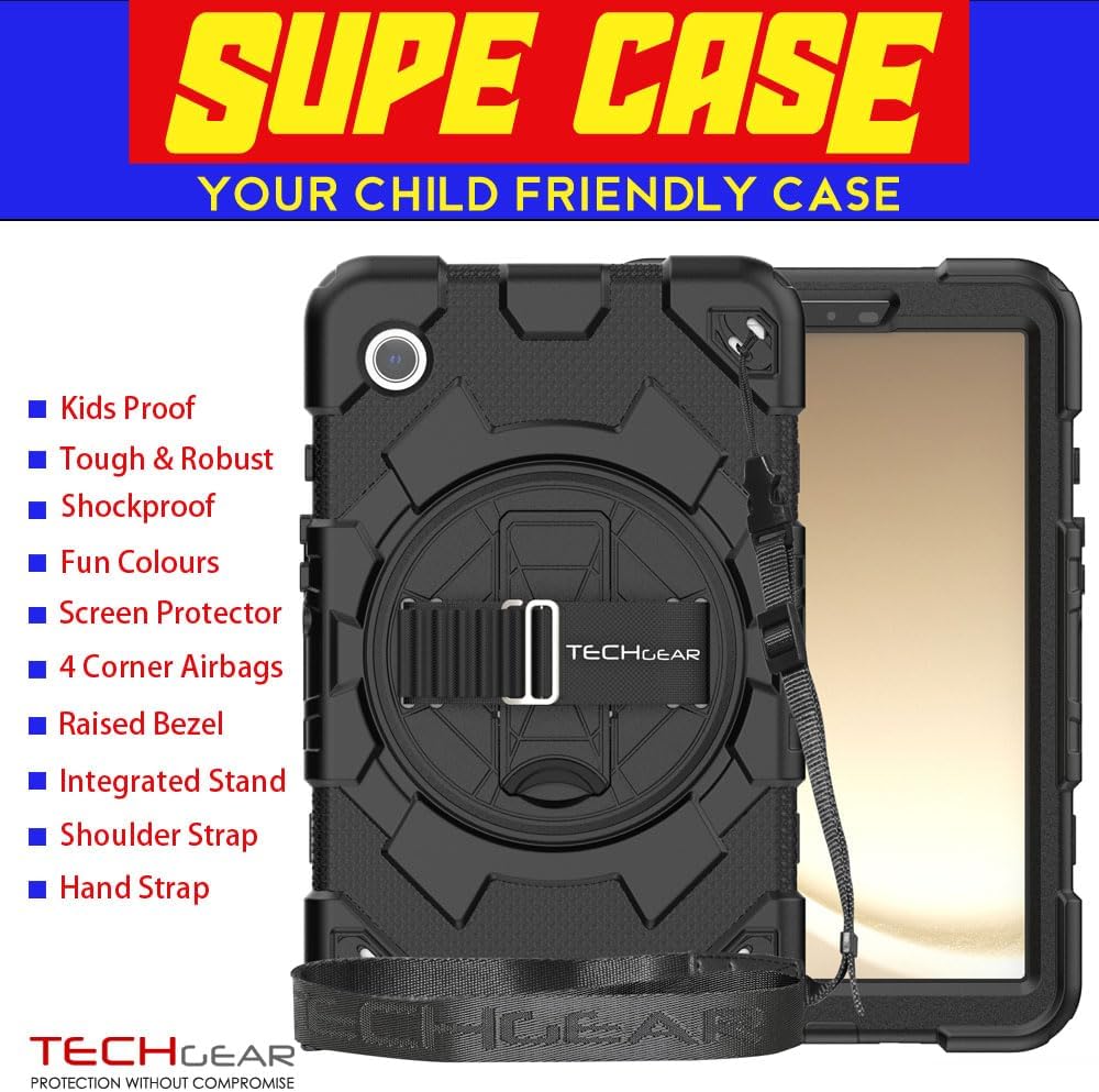 [SUPE Case] Tough Shockproof Fun Case with 360 Rotating Stand, Hand & Shoulder Strap for Samsung Galaxy Tab A9 8.7" (SM-X110 / SM-X115)
