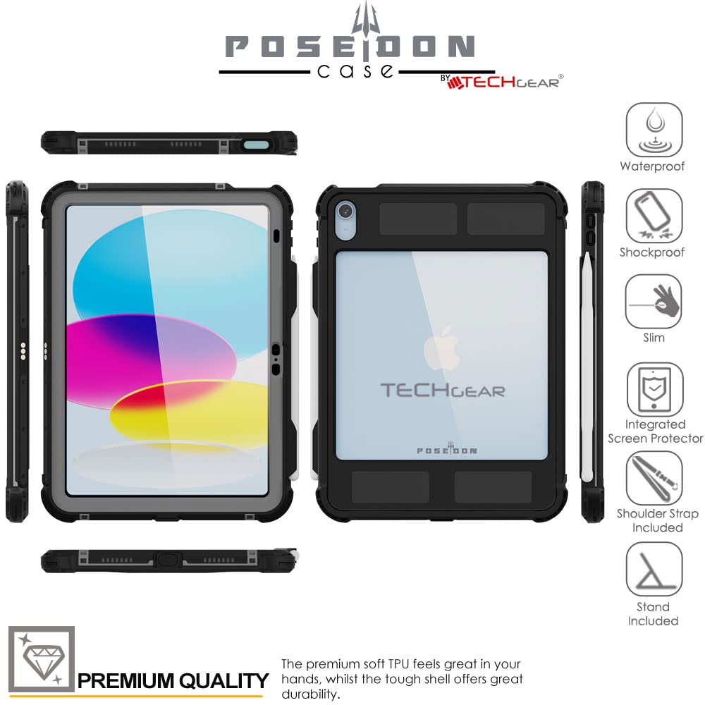 TECHGEAR iPad A16 Waterproof Case 11th Generation (11" / 2025) & iPad 10th Gen 10.9 inch – Poseidon Rugged Shockproof Cover with Screen Protector, Stand, Shoulder & Hand Strap
