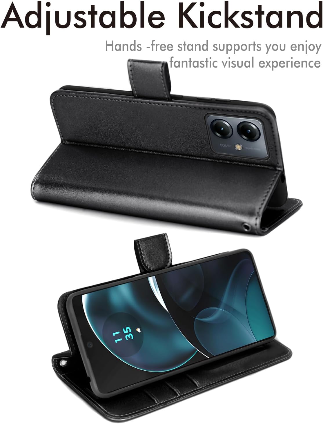 [Leather Wallet Case] Protective Cover with Cash & Card Holder, Stand and Wrist Strap For Motorola Moto G14