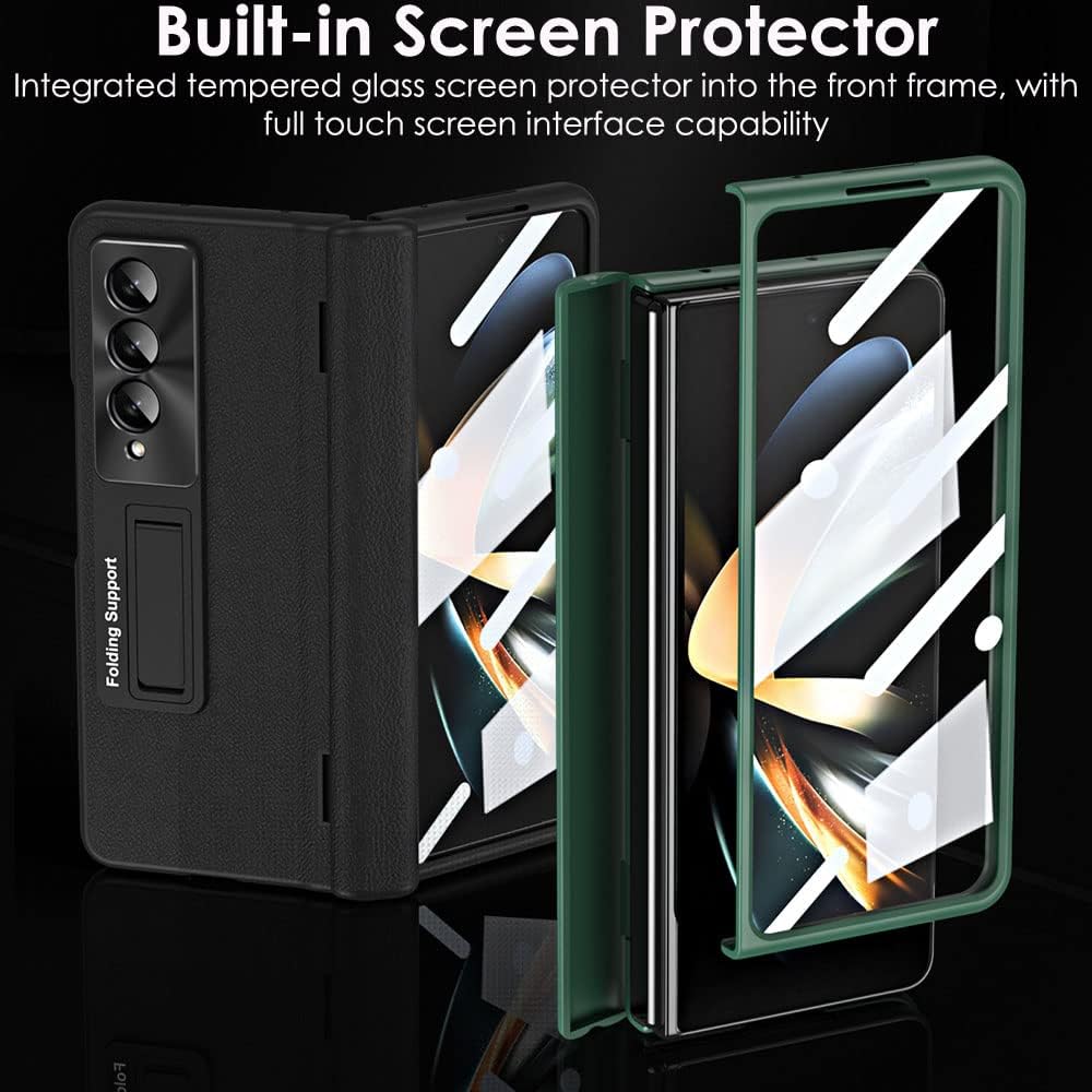 Samsung Galaxy Z Fold 5 Case Screen Protector Phone Case with Hinge Protection, Leather Fit Cover with Built-in Glass Screen Protector & Kickstand