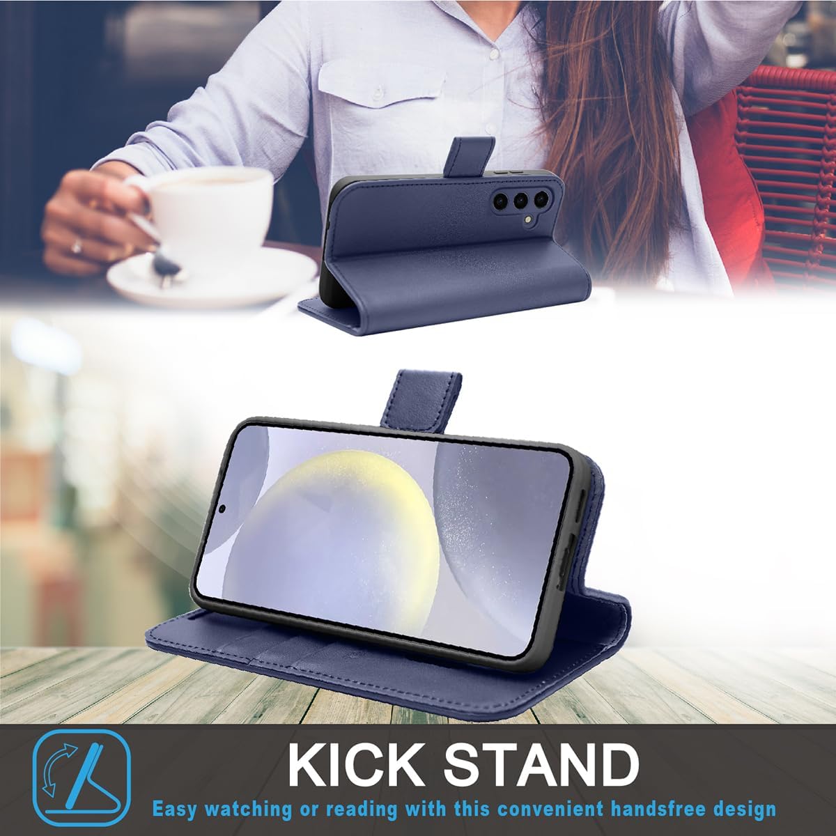 [Leather Wallet Case] Genuine Leather [RFID Blocking] Magnetic Flip Case with Card & Slots and Stand For Samsung Galaxy S24 Plus