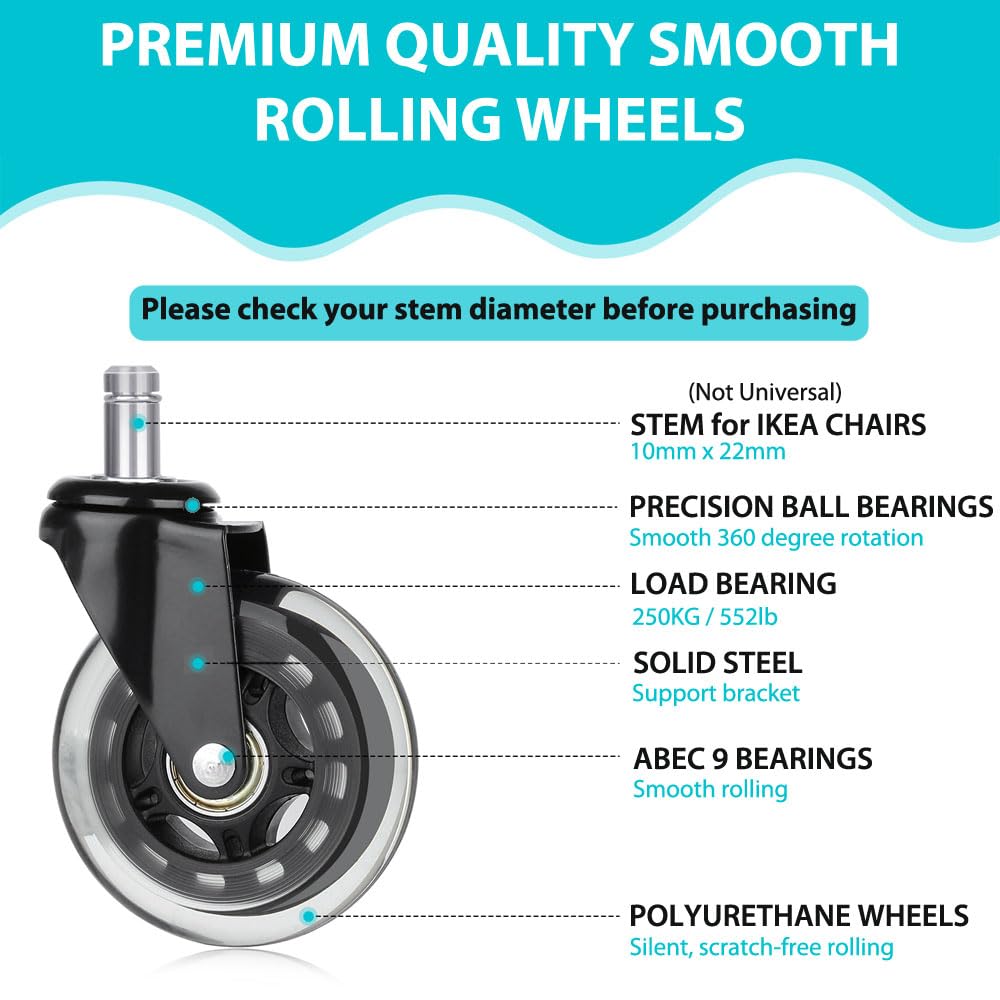 Office Chair Wheels Replacement Casters for ALL Floors inc Hardwood Floors, Ultra Heavy Duty Rollerblade Swivel Office Chair Castors - Universal fit (NOT IKEA)