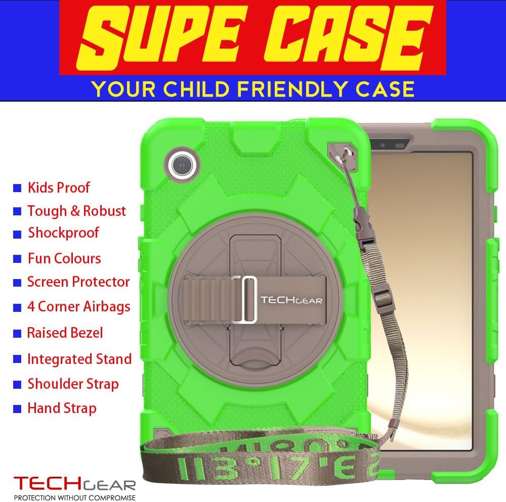 [SUPE Case] Tough Shockproof Fun Case with 360 Rotating Stand, Hand & Shoulder Strap for Samsung Galaxy Tab A9 8.7" (SM-X110 / SM-X115)