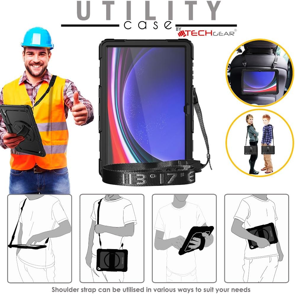[UTILITY Case] Full Body Shockproof Case with Stand, Hand & Shoulder Strap for Samsung Galaxy Tab S9 Ultra (SM-X910, SM-X916 Series)