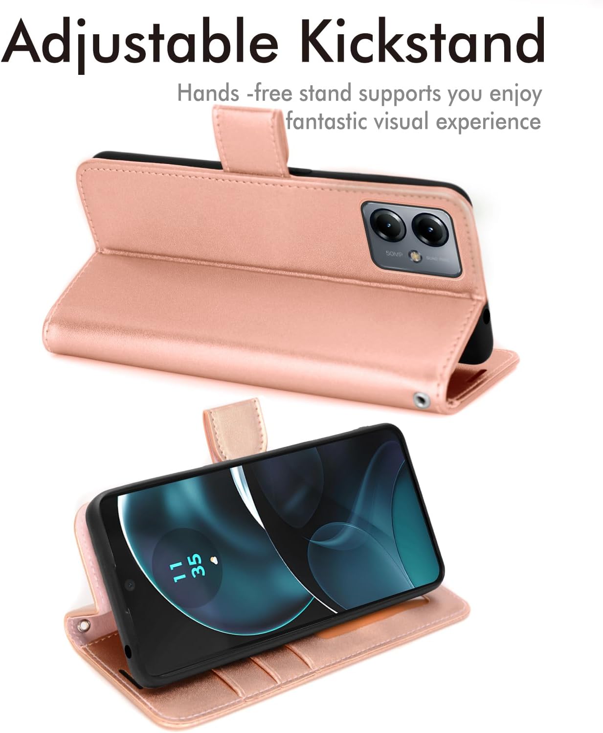[Leather Wallet Case] Protective Cover with Cash & Card Holder, Stand and Wrist Strap For Motorola Moto G14