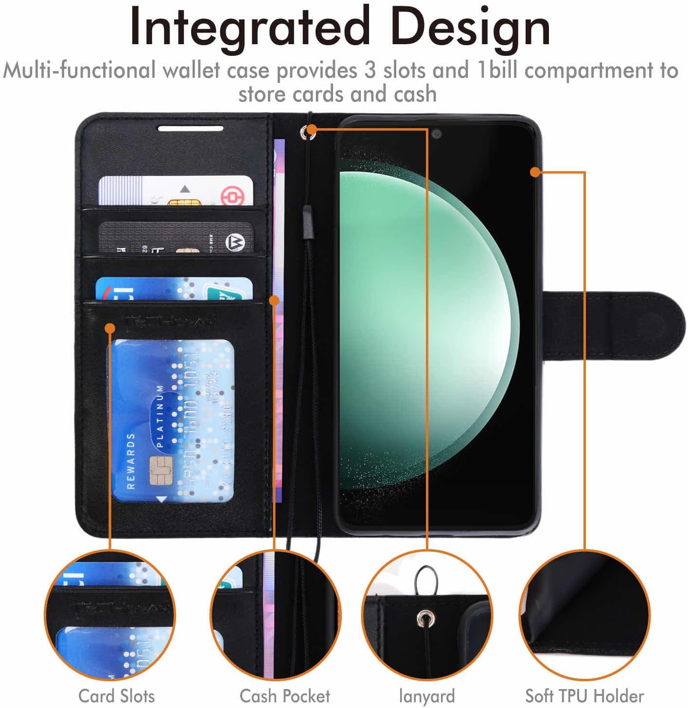 [Leather Wallet Case] Protective Cover with Cash & Card Holder, Stand and Wrist Strap For Samsung Galaxy S23 FE 5G