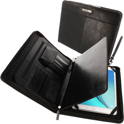Executive Leather Folio Organiser with Anti-Shock Bubble Interior and Stash Pockets, Pouches and Card Slots