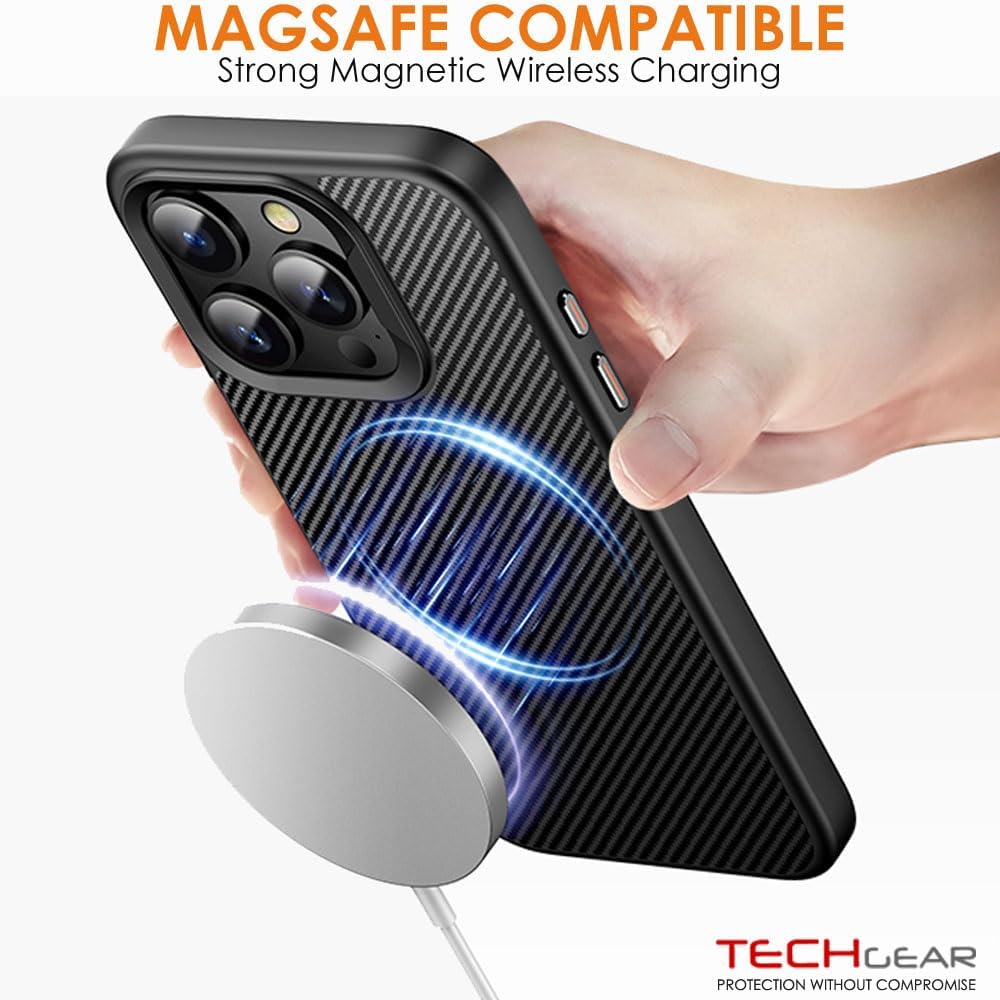 [Carbon Fibre Detail] Shockproof, Anti-Scratch, Slim Hybrid Gel Bumper Case with Hard Back Compatible with MagSafe Cover for iPhone 15 Pro Max 6.7"