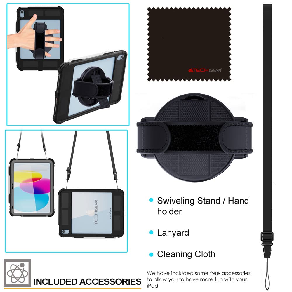 TECHGEAR iPad A16 Waterproof Case 11th Generation (11" / 2025) & iPad 10th Gen 10.9 inch – Poseidon Rugged Shockproof Cover with Screen Protector, Stand, Shoulder & Hand Strap