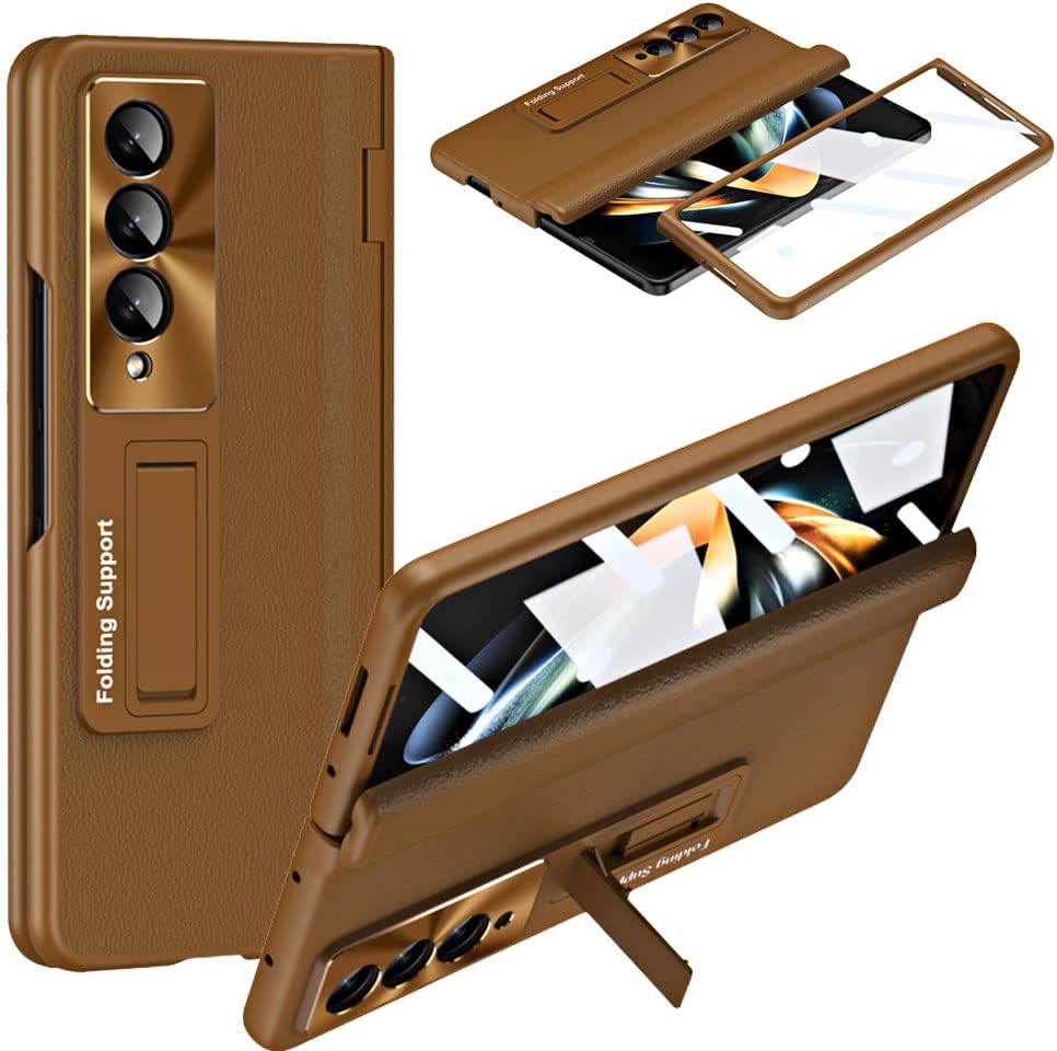 Samsung Galaxy Z Fold 5 Case Screen Protector Phone Case with Hinge Protection, Leather Fit Cover with Built-in Glass Screen Protector & Kickstand