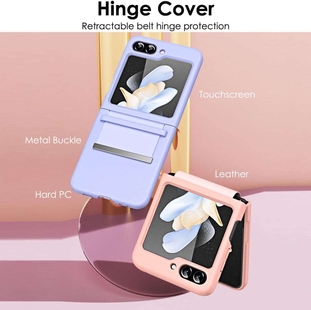 Samsung Galaxy Z Flip 5 Screen Protector Case, Z Flip 5 Case with Stylish Leather Hinge & Metal Trim, Hard PC Shockproof [Screen Protector] Case
