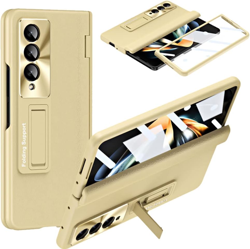 Samsung Galaxy Z Fold 5 Case Screen Protector Phone Case with Hinge Protection, Leather Fit Cover with Built-in Glass Screen Protector & Kickstand