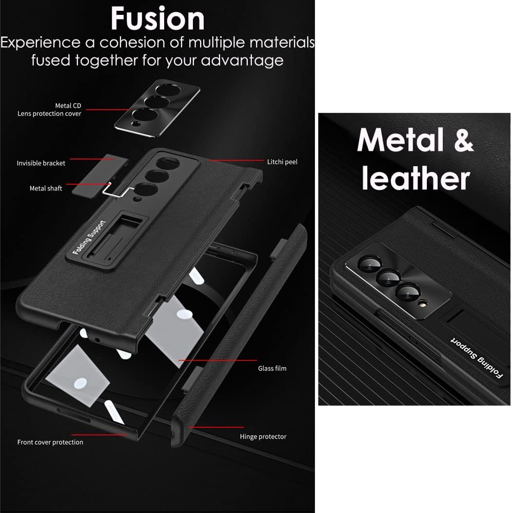 Samsung Galaxy Z Fold 5 Case Screen Protector Phone Case with Hinge Protection, Leather Fit Cover with Built-in Glass Screen Protector & Kickstand