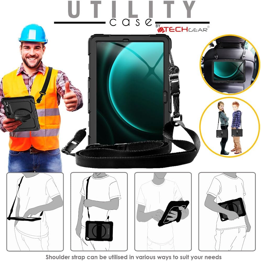 [UTILITY Case] Full Body Shockproof Case with Stand, Hand & Shoulder Strap for Samsung Galaxy Tab S9 FE Plus 12.4" (SM-X610 / SM-X616)