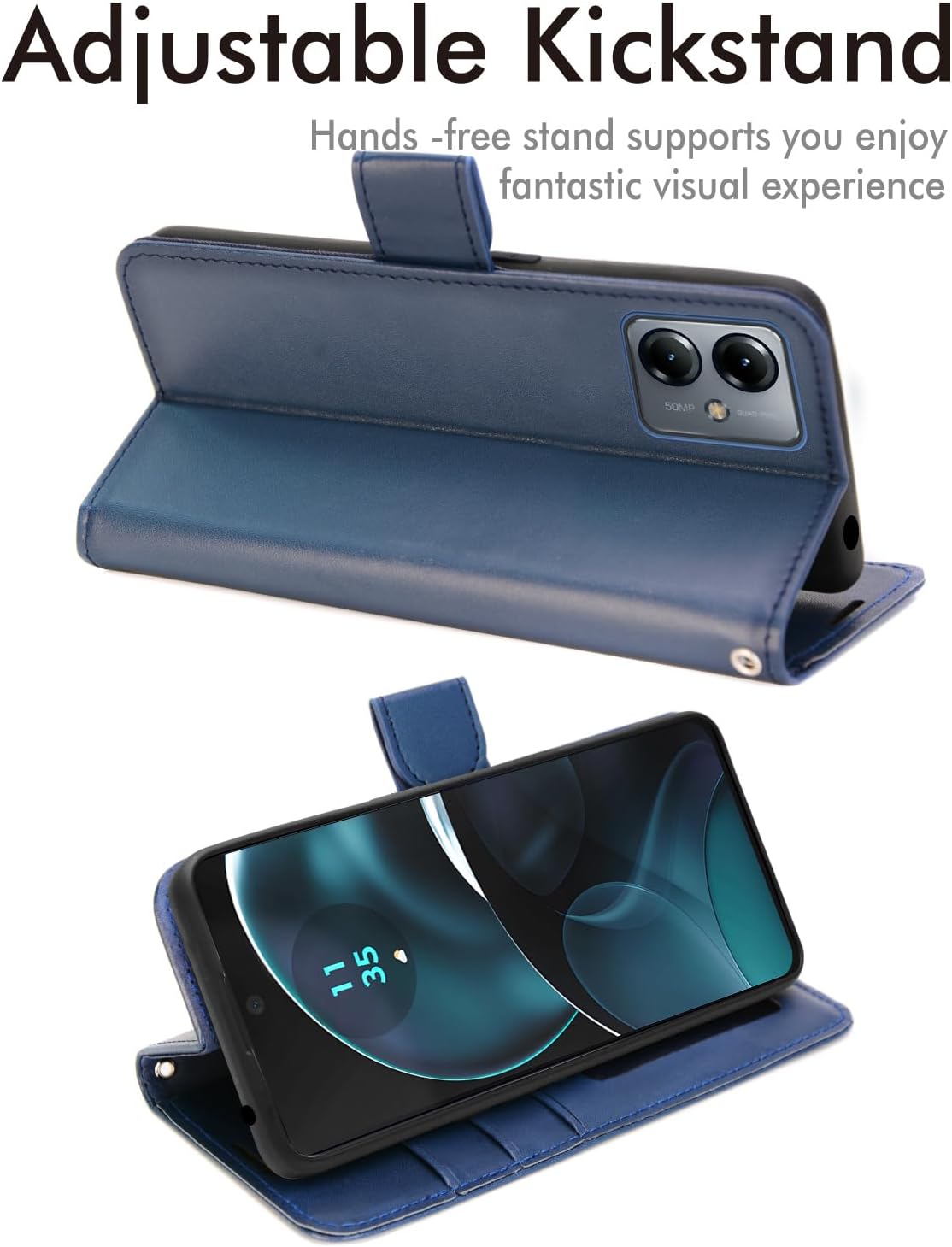 [Leather Wallet Case] Protective Cover with Cash & Card Holder, Stand and Wrist Strap For Motorola Moto G14