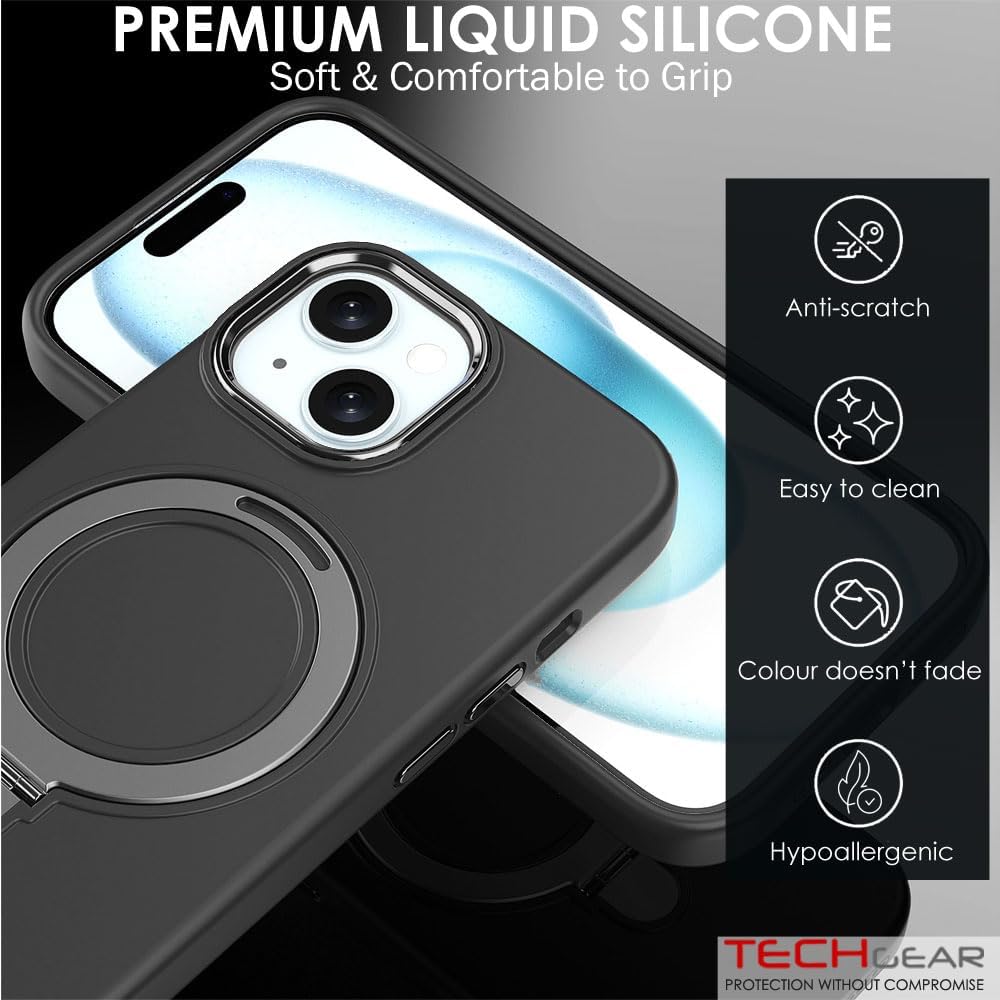 Premium Liquid Silicone Shockproof Anti-Scratch Magnetic Kickstand Case, Soft Microfibre Lining, Compatible with MagSafe Case for iPhone 15 6.1"
