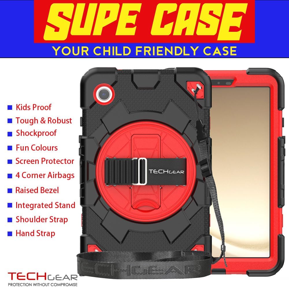 [SUPE Case] Tough Shockproof Fun Case with 360 Rotating Stand, Hand & Shoulder Strap for Samsung Galaxy Tab A9 8.7" (SM-X110 / SM-X115)