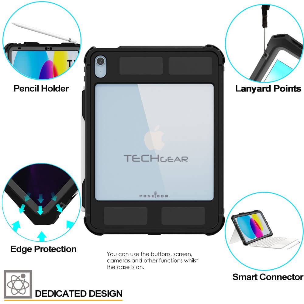 TECHGEAR iPad A16 Waterproof Case 11th Generation (11" / 2025) & iPad 10th Gen 10.9 inch – Poseidon Rugged Shockproof Cover with Screen Protector, Stand, Shoulder & Hand Strap