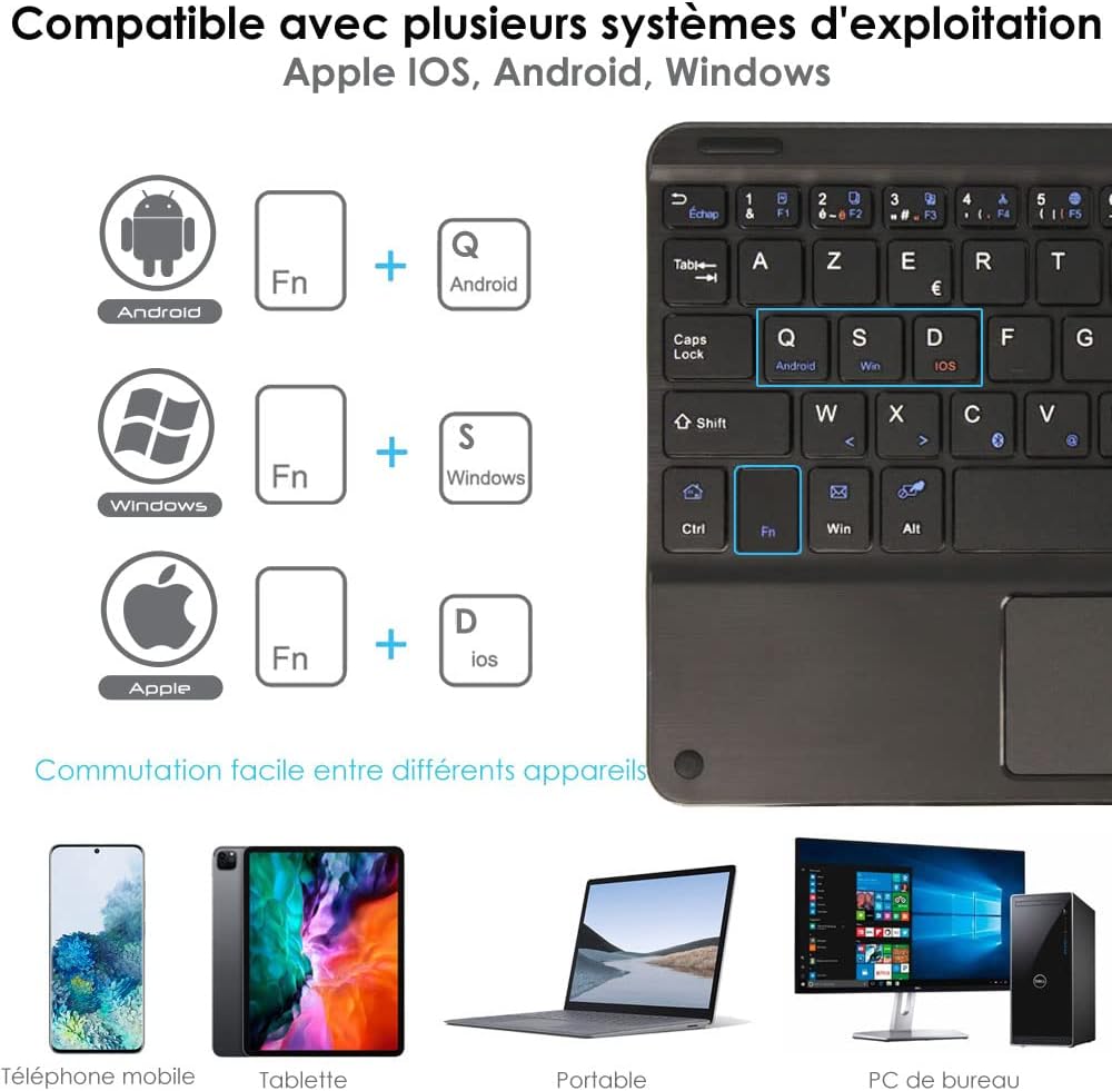 [Active Strike Pro] French AZERTY Slim Bluetooth Wireless Keyboard with Mouse Touchpad