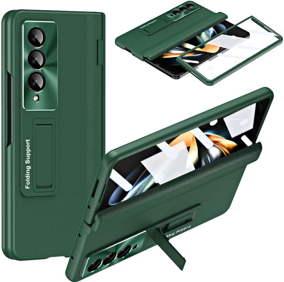 Samsung Galaxy Z Fold 5 Case Screen Protector Phone Case with Hinge Protection, Leather Fit Cover with Built-in Glass Screen Protector & Kickstand