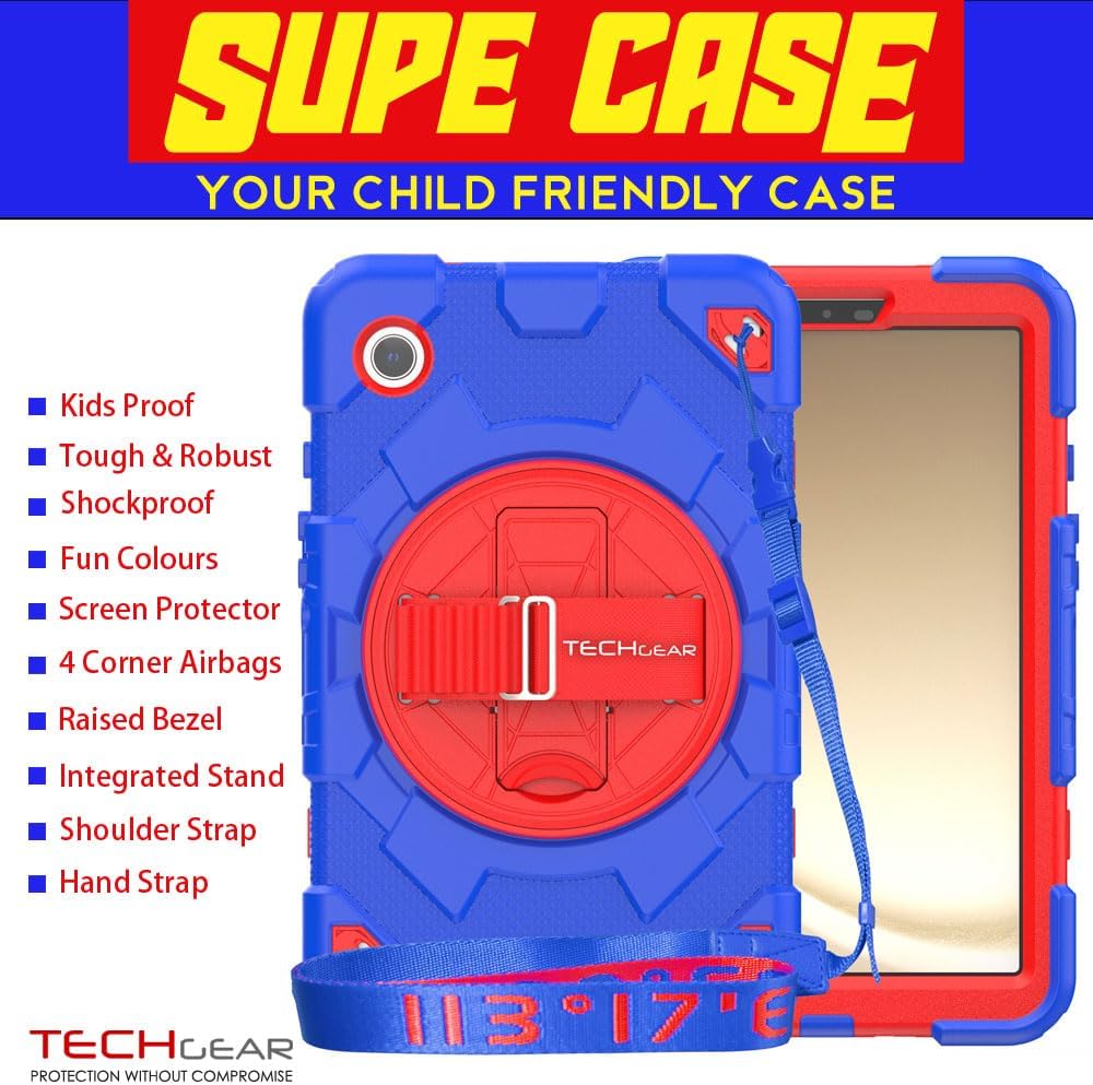 [SUPE Case] Tough Shockproof Fun Case with 360 Rotating Stand, Hand & Shoulder Strap for Samsung Galaxy Tab A9 8.7" (SM-X110 / SM-X115)