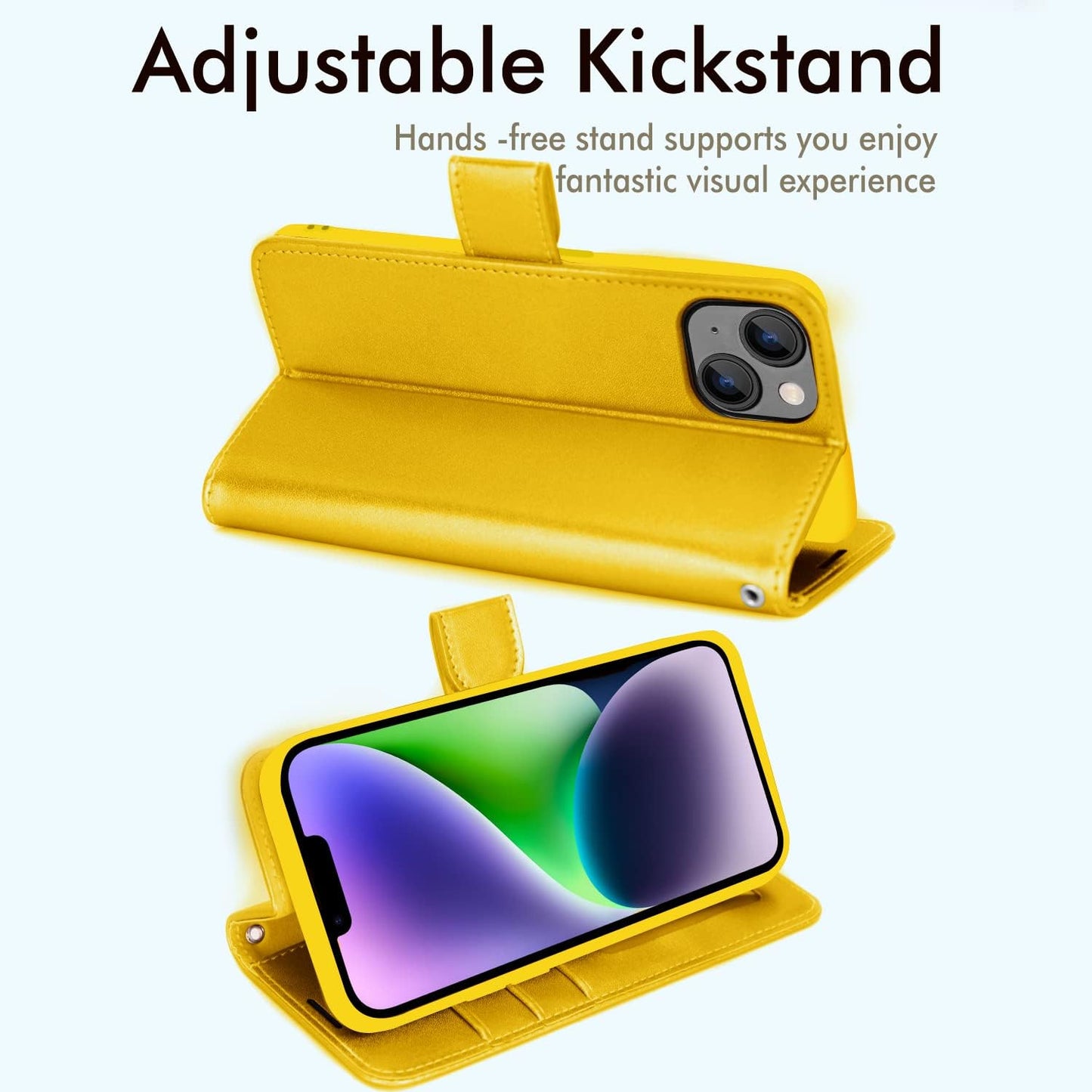 [Wallet Case] Protective Cover with Cash & Card Holder, Stand and Wrist Strap For Apple iPhone 15