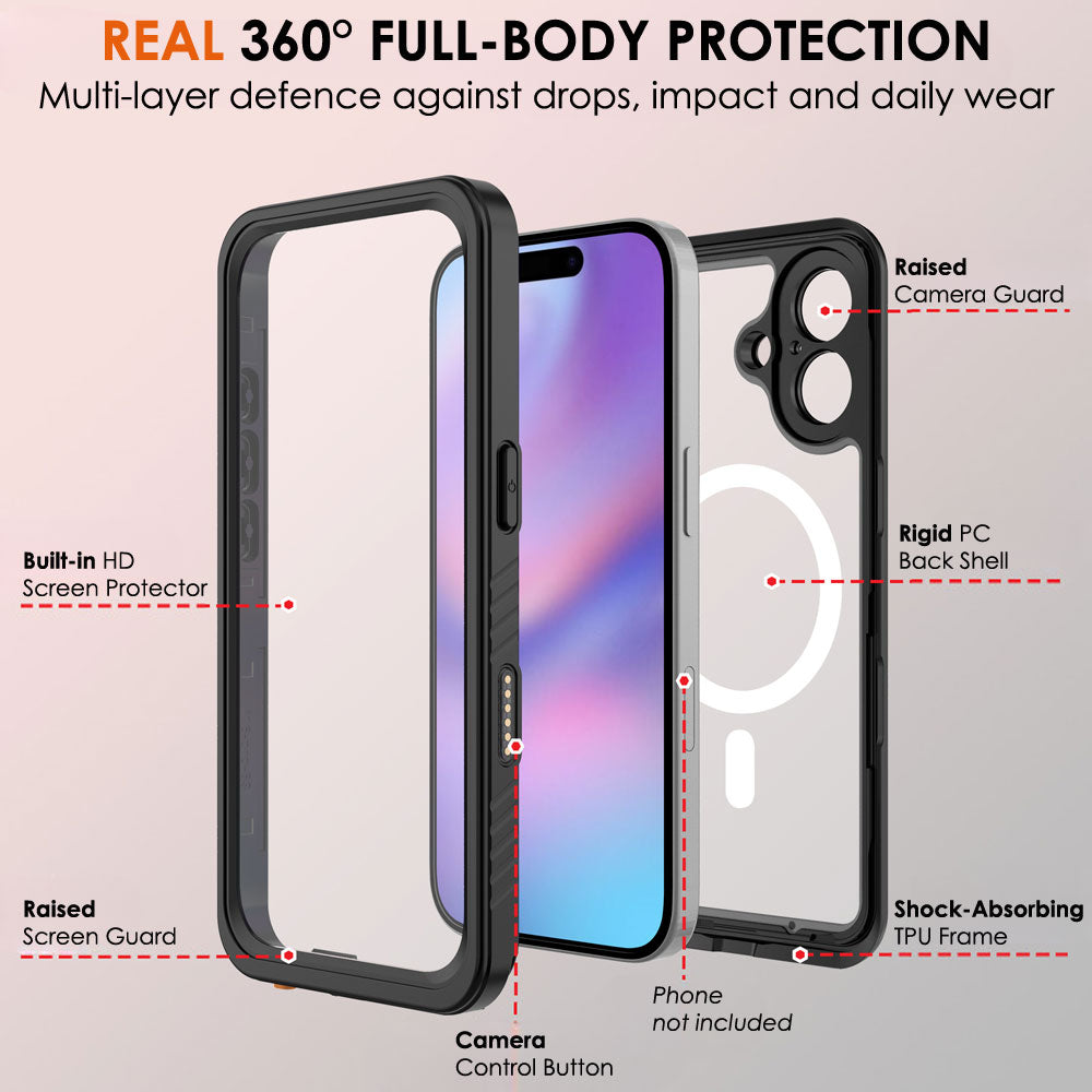 TECHGEAR Waterproof MagSafe Charging Case for iPhone 16 6.3" – IP68 Shockproof 360° Full Body Sealed Cover with Built-In Screen Protector