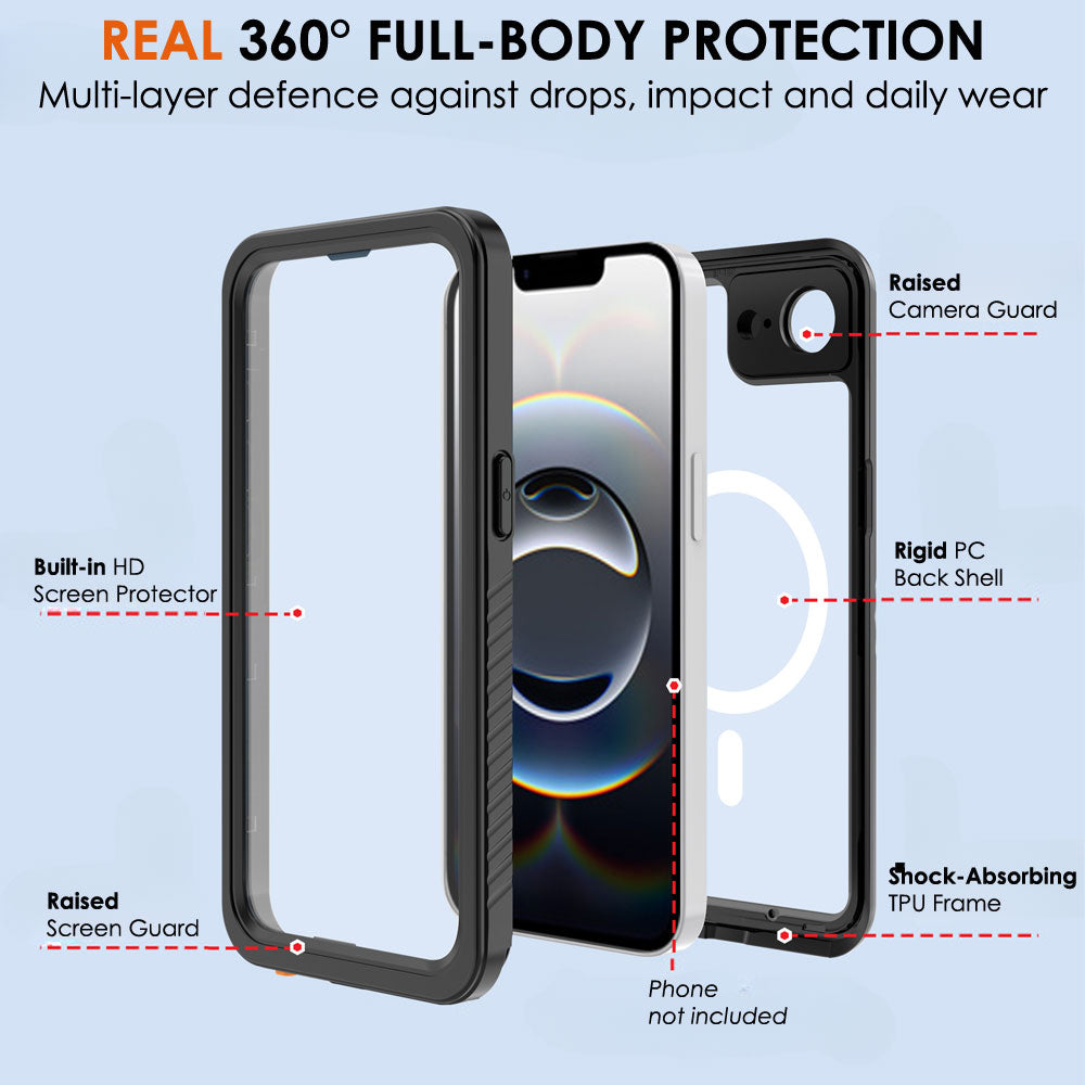 TECHGEAR Waterproof Magnetic Case for iPhone 16e 6.1" – IP68 Shockproof 360° Full Body Sealed Cover with Built-In Screen Protector
