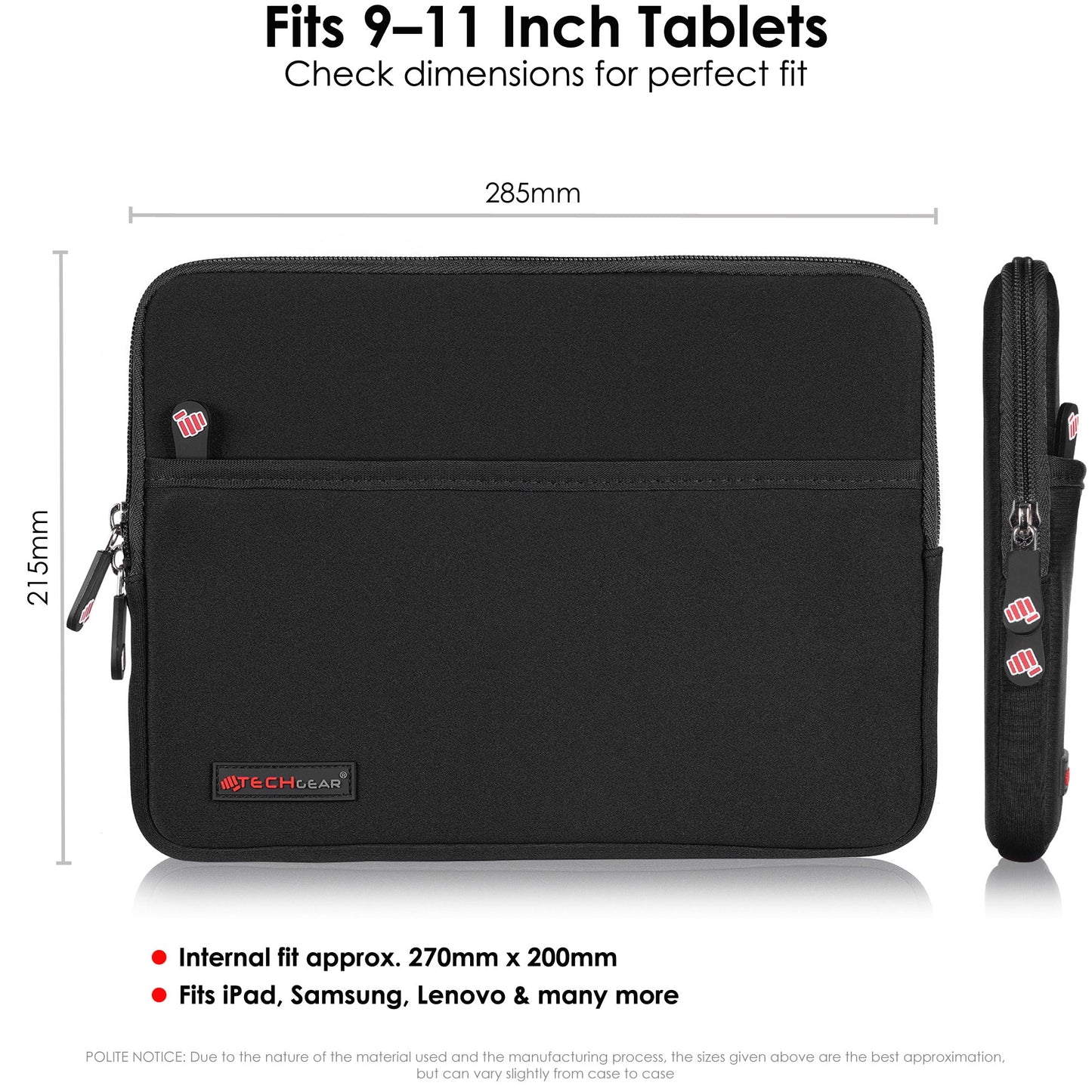 TECHGEAR Tablet Sleeve Case 7–13 Inch - Shockproof Neoprene Pouch with Bubble Protection, Zip Pocket, Slim Protective iPad Samsung Tablet Laptop Sleeve
