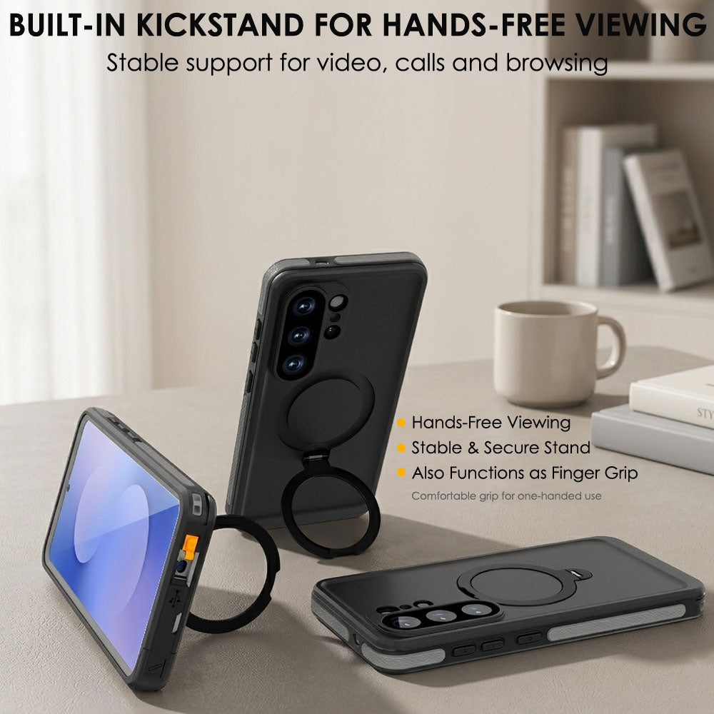 TECHGEAR Waterproof Magnetic Stand Case for Samsung Galaxy S26 Ultra – IP68 Shockproof Full Body Magnetic Charging Compatible Cover