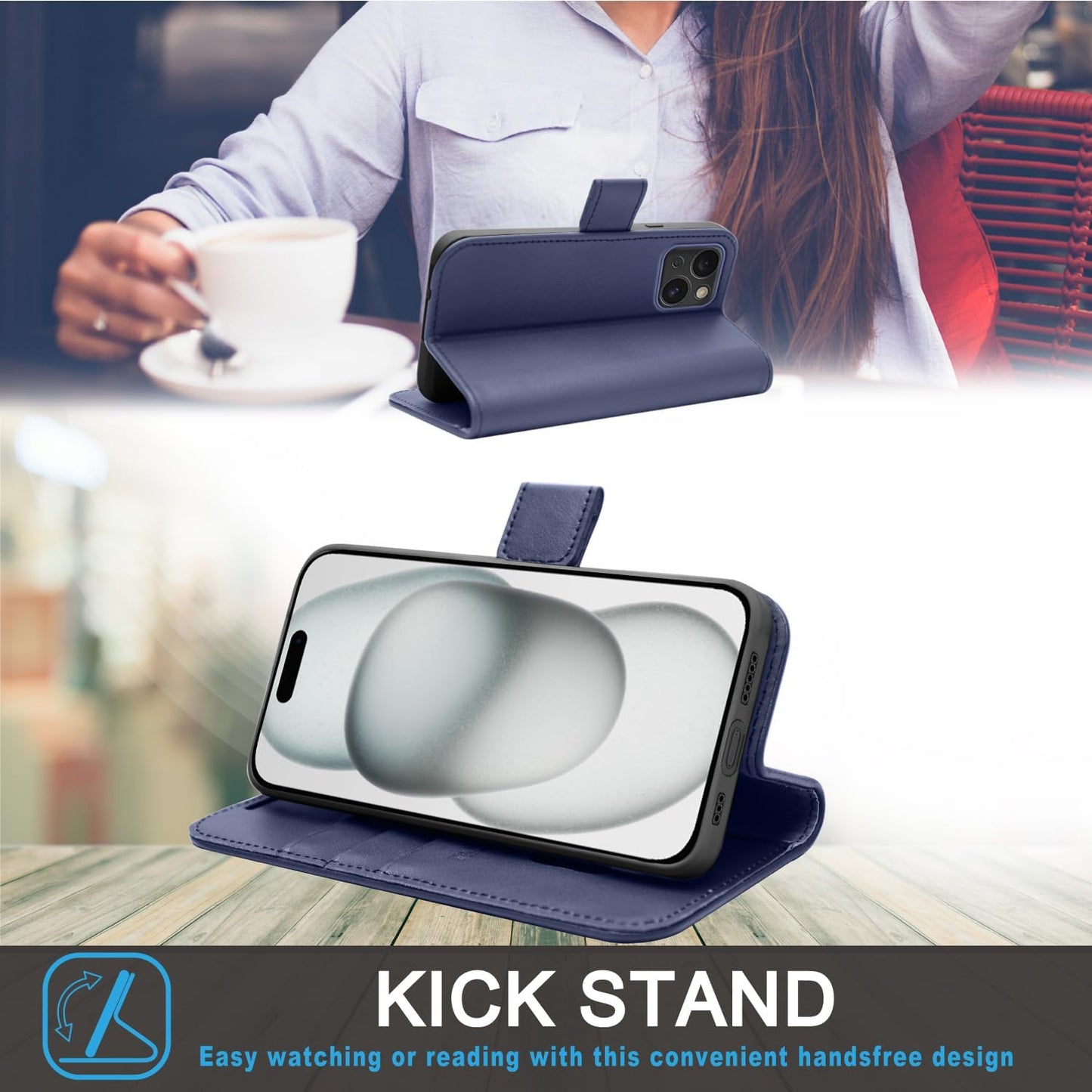 [Leather Wallet Case] Genuine Leather [RFID Blocking] Magnetic Flip Case with Card & Slots and Stand For iPhone 15 6.1"