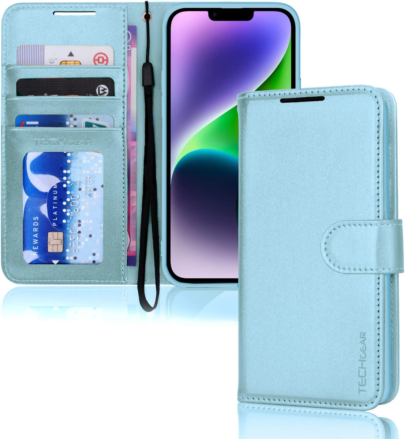 [Wallet Case] Protective Cover with Cash & Card Holder, Stand and Wrist Strap For Apple iPhone 15