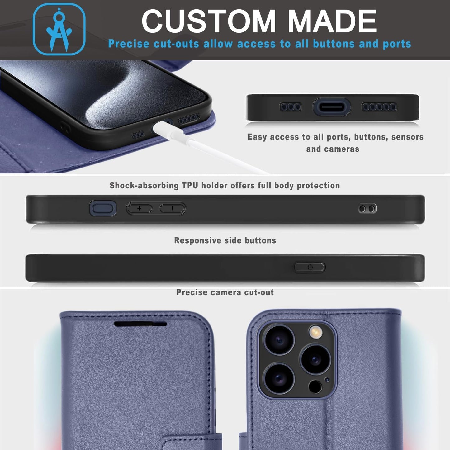 [Leather Wallet Case] Genuine Leather [RFID Blocking] Magnetic Flip Case with Card & Slots and Stand For iPhone 15 Pro