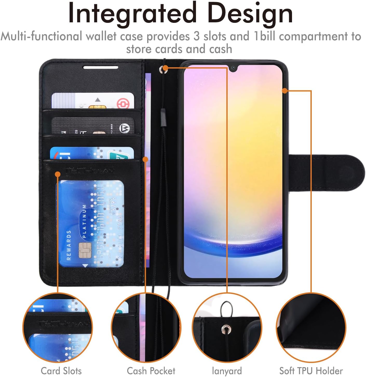 [Leather Wallet Case] Protective Cover with Cash & Card Holder, Stand and Wrist Strap For Samsung Galaxy A25 5G