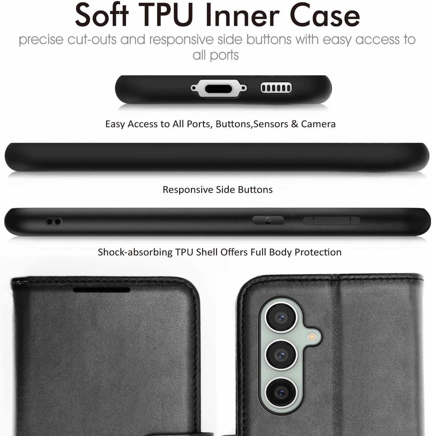 [Leather Wallet Case] Protective Cover with Cash & Card Holder, Stand and Wrist Strap For Samsung Galaxy S23 FE 5G